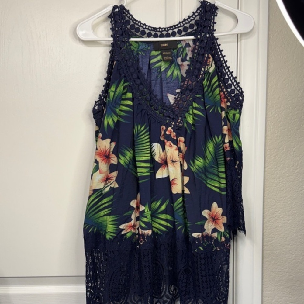 RAIN Navy Blue Tropical Floral Cold Shoulder Blouse Size Large EUC #6039